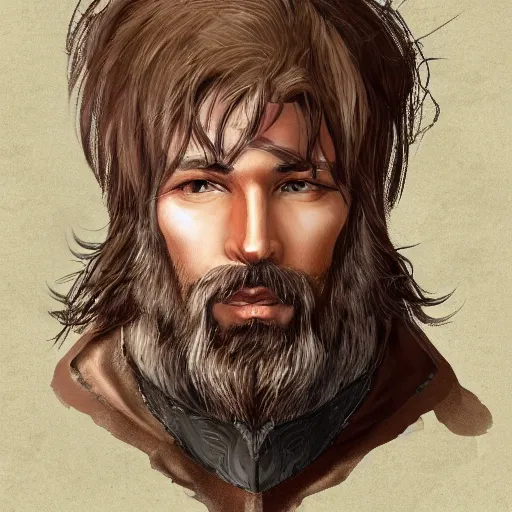 Image similar to 5 0 years old man, tall, stocky : : fantasy : : brown hair, sympathetic, short brown beard : : decorated medieval clothing : : high detail, digital art, rpg, concept art, illustration