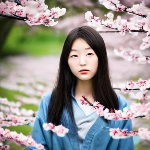 Image similar to a beautiful young Japanese girl, surrounded by sakura petals blowing in the wind, aesthetic!!!, beautiful!!!