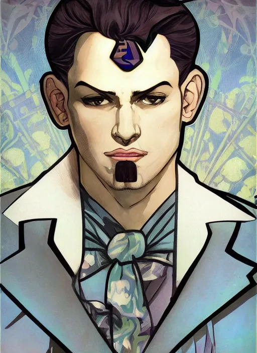 Prompt: portrait of Joseph Jostar in Jojo Bizzare Adventure wearing an elegant suit, rule of thirds, seductive look, captivating, James Jean pastiche by Alphonse Mucha, artstation, cinematic, award winning, original modern artwork displayed on Singaporean skyscraper