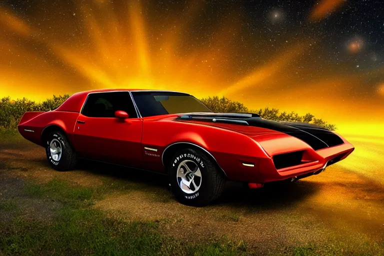 Image similar to pontiac firebird with glowing paint, sunrise, eerie light, fireflies, dramatic, cinematic, forest, sunbeams, volumetric lighting, wide shot, low angle, realistic pokemon looking at car, pokemon, creatures