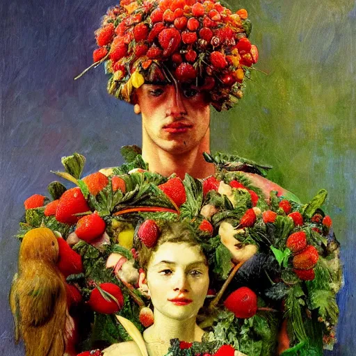 Image similar to a sculpture portrait made of kiwi and strawberries and flowers and plants, painting part by wojciech siudmak, part by ilya repin, part by max ernst, part by norman rockwell, artstation