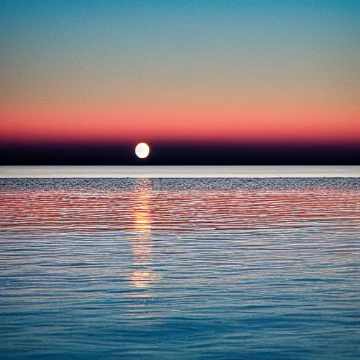 Image similar to orange full moon rising over the lake horizon at night, photograph, iso 1 0 0 0