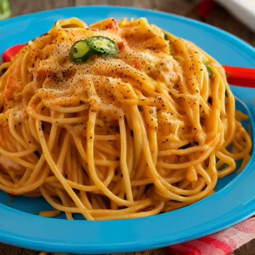 Image similar to super cheesy spaghetti topped with jalapenos, 4 k closeup