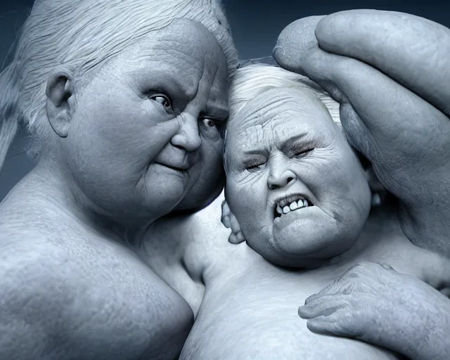 Image similar to of a very beautiful scene. ambient occlusion render. a sweet fat old woman is giving birth to her self as a sweet baby. hyper realistic. 4 k. wide angle. wild. symmetrical face, red mouth, blue eyes. deep focus, lovely scene. ambient occlusion render. concept art. unreal engine.