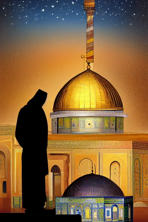 Prompt: a beautiful oil painting flyer design illustration of dome of the rock jerusalem and a silhouette of muslim is praying to god in front of it, intricate, elegant, glowing lights, highly detailed, digital painting, artstation, concept art, smooth, sharp focus, illustration, in the style of martin johnson heade and mark ryden