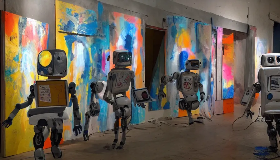 Prompt: robots! painting on canvases in a decrepit art gallery, dramatic lighting