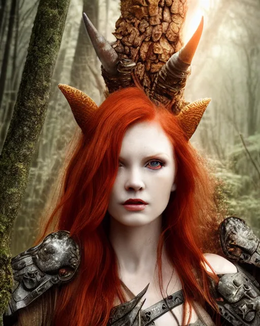 Image similar to 5 5 mm portrait photo of an armored redhead woman warrior, and horns growing from her head, in a magical forest. by luis royo. highly detailed 8 k. intricate. lifelike. soft light. nikon d 8 5 0. cinematic post - processing