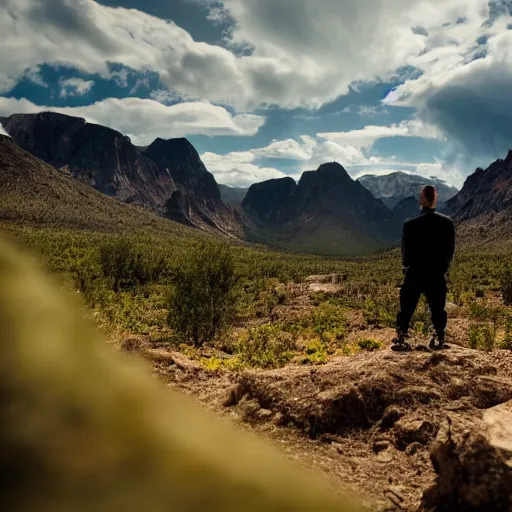 Prompt: A lone man faces a large beautiful lush desert forest arctic mountain valley canyon in the background, separation of foreground and background, 3d image, sharp focus, deep image, depth, bokeh