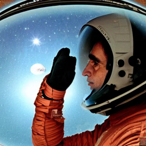 Image similar to extremely detailed photo of carl sagan looking through visor of spacesuit, mars rover in background