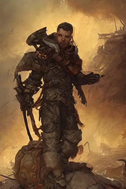 Prompt: postapocalyptic soldier derest mage fighter full body concept art pose, darek zabrocki, noah bradley, incredible details, berberic clothes, deser fighter ancient mage