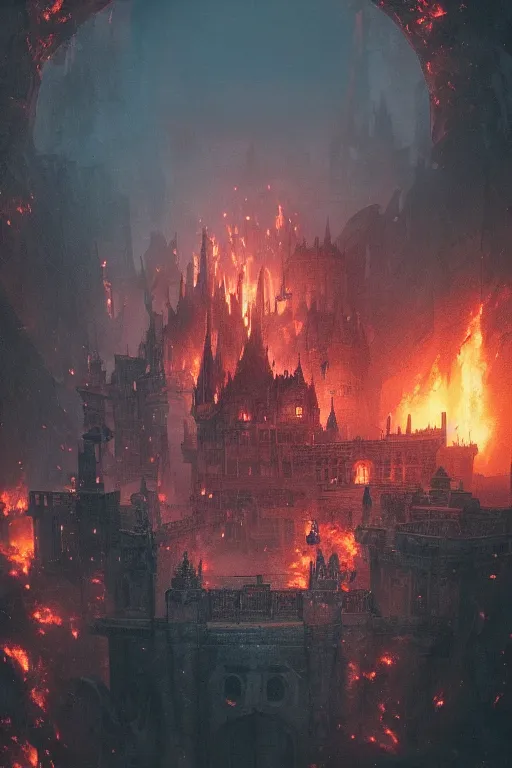 Prompt: a castle burning inside a dragons eye by Greg Rutkowski, Sung Choi, Mitchell Mohrhauser, Maciej Kuciara, Johnson Ting, Maxim Verehin, Peter Konig, Bloodborne, macro lens, 35mm, 8k photorealistic, cinematic lighting, HD, high details, atmospheric,