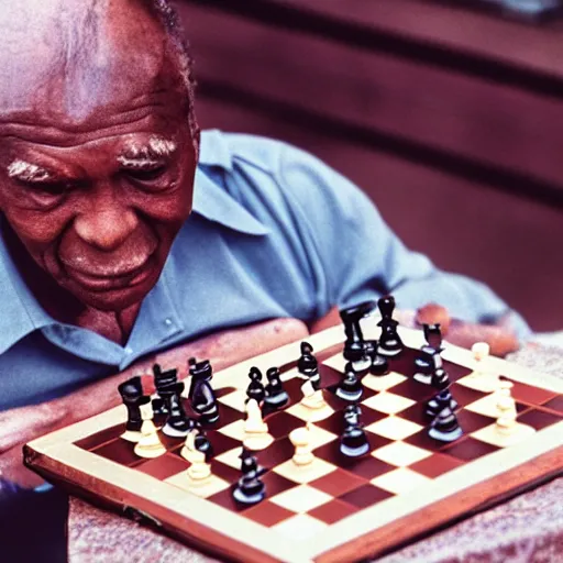 Image similar to film still of an elderly blac k man playin g chess, medium shot, midshot