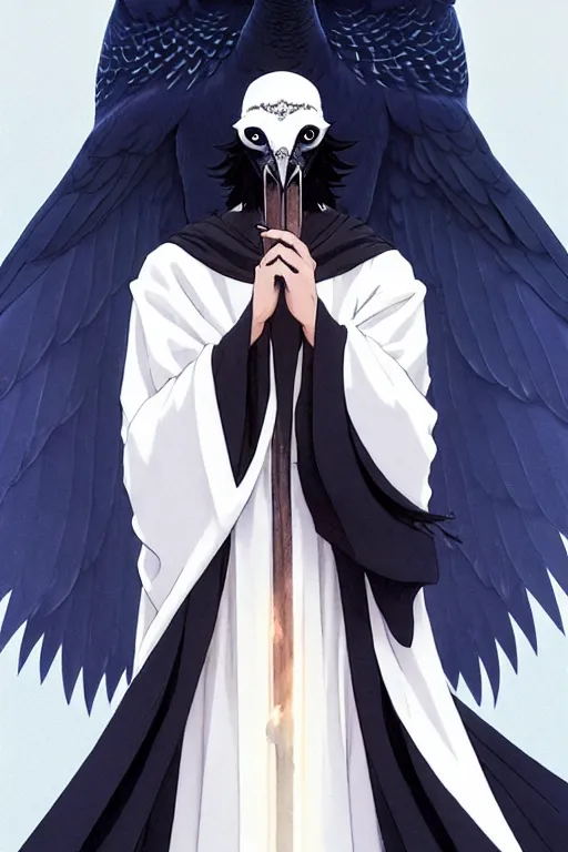 Image similar to raven headed warlock doing magic spells wind, white robes, finely detailed perfect face, exquisite details, mid view, design on a white background, by studio muti, greg rutkowski makoto shinkai takashi takeuchi studio ghibli