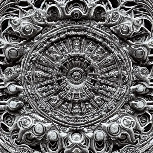 Image similar to a beautiful stone carving of an intricate mandelbrot fractal cathedral populated by fractals by android jones, carved soap, unreal engine, volumetric lighting, dynamic lighting, bright, dramatic lighting, high contrast, neon glow, carved marble, opalescent, sacred geometry, religious, angelic, catholicpunk, stark, trending on artstation