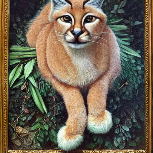 Image similar to cute fluffy caracal wearing laurel wreath, illustration, high detail, francine van hove