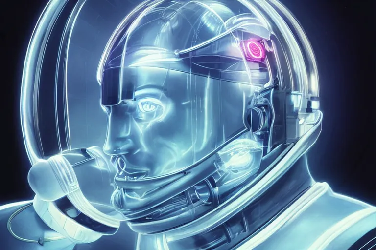 Image similar to portrait of a biomechanical head inside a futuristic space helmet, organic transistors, neon cables, tron highlights, white metal, iridescent visor, smooth, sharp focus, high detail, art by Artgerm and Raymond Swanland,