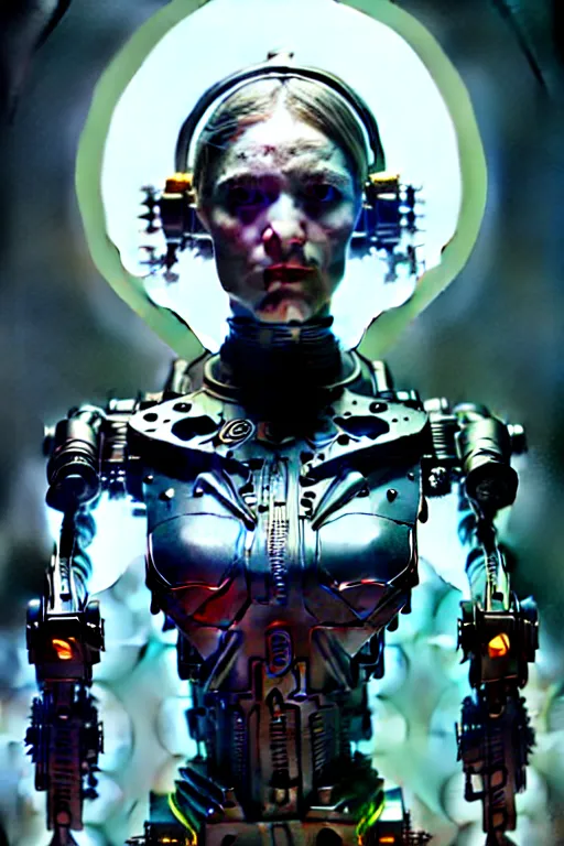 Image similar to ultra detailed female android deity, cyborg humanoid, gothic, ethereal, flowerpunk, scifi, fantasy, cyberpunk, octane render, megalopolis, unreal engine, asymmetrical!!! intricate concept art, triadic color, art by artgerm and wlop and giger and greg rutkowski and alphonse mucha, 8 k