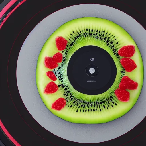 Image similar to product shot of vinyl turntable vinyl record with texture of kiwi fruit, 4 k, unreal render, by blender guru, syntwave colors