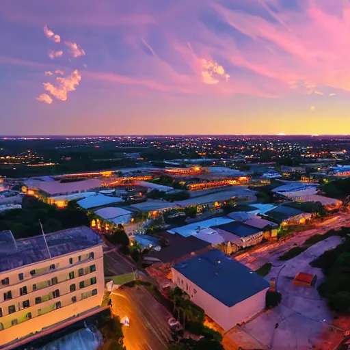 Image similar to an overview from 500 feet in the air of a small coastal Florida town at night, a still from an anime movie, clouds in the sky, downtown in the distance