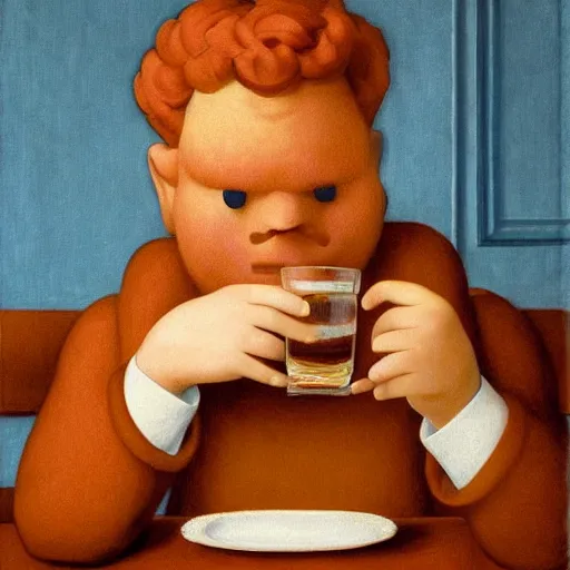 Image similar to a ginger-bread-man having a whiskey by Raphael, Hopper, and Rene Magritte. detailed, romantic, enchanting, trending on artstation.