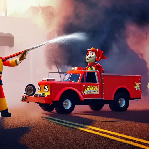 Prompt: marshall standing next to his fire truck holding a water hose in his hands to extinguish the burning paw patrol base in front of him, movie poster, 8 k, trending on artstation, octane render, volumetric smoke and shadows, realistic lighting