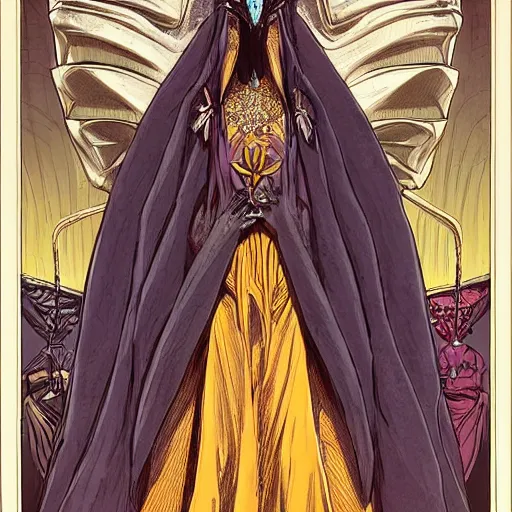 Image similar to beautiful portrait of the masked queen, phyrexian god, beautiful futuristic cape, elegant, ornamental armor, intricate, in the style of moebius