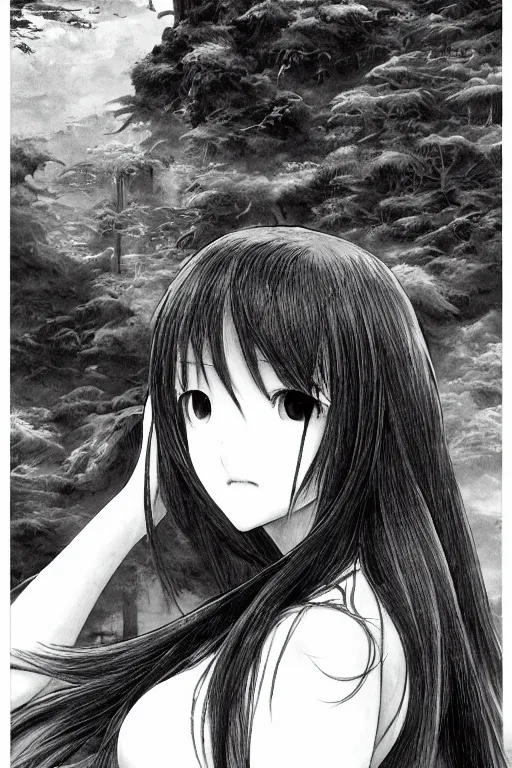 Image similar to a vertical portrait of a character in a scenic environment by Yoshitaka Amano, black and white, dreamy, dark eyes, wavy long black hair, highly detailed