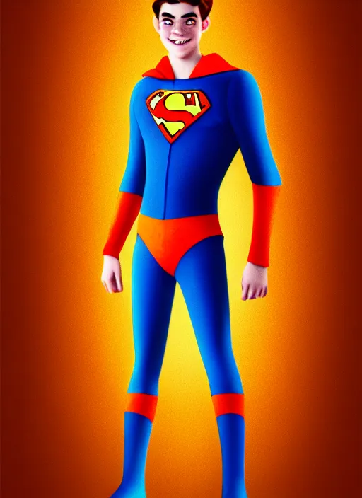 Image similar to friendly teenage archie andrews wearing an orange superhero costume with heart logo, heart, freckles, blue cape, heart emblem on chest, blue cape, intricate, elegant, glowing lights, highly detailed, digital painting, artstation, sharp focus, illustration, art by wlop, mars ravelo and greg rutkowski