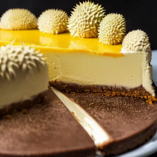 Prompt: close view of a delicious sweet and perfect durian cheesecake piece, award winning, 4 k, beautiful
