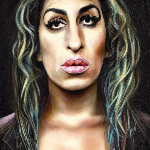 Prompt: Realístic portrait of Amy Winehouse as an old woman in the style of Chuck Close intricate, elegant, highly detailed, digital painting, artstation, smooth, sharp focus, illustration