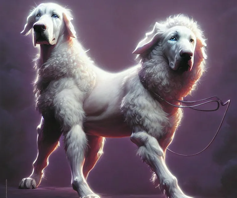 Prompt: beautiful fantasy character portrait of a maremma dog ultra realistic, dramatic lighting, the fifth element artifacts, highly detailed by peter mohrbacher, hajime sorayama, wayne barlowe, boris vallejo, aaron horkey, gaston bussiere, craig mullins