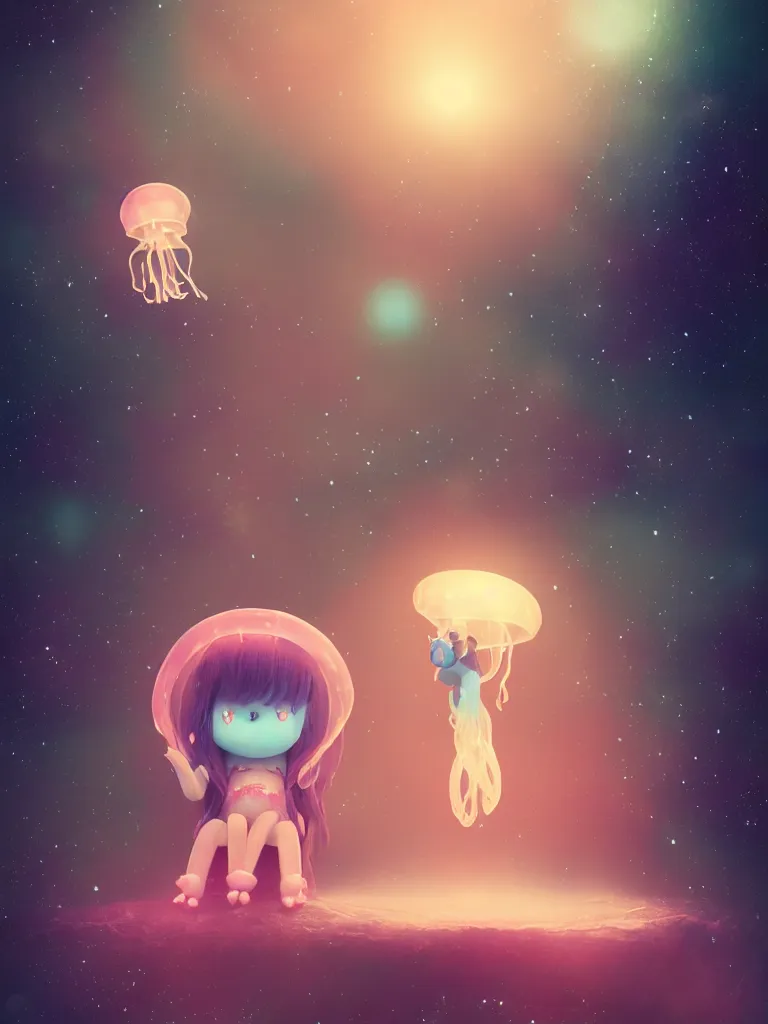 Image similar to cute fumo plush alien jellyfish girl sitting on a small island floating in the dark galactic abyss, vignette, bokeh, vray