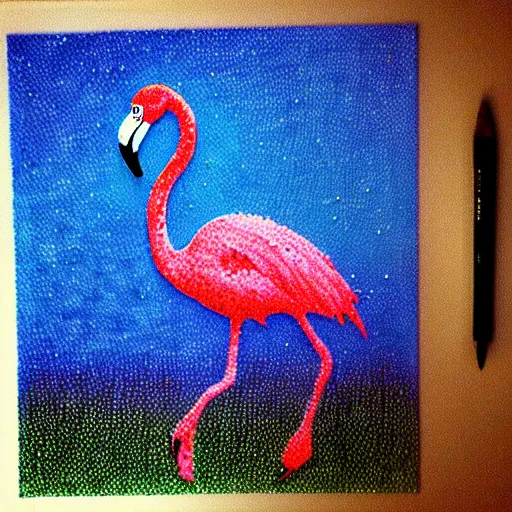 Prompt: a flamingo standing by a lazy stream contemplating silence, pointilism, deep color, masterpiece