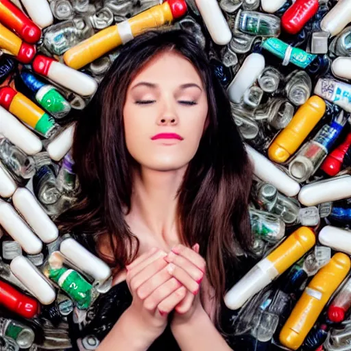 Image similar to a beautiful female model surrounded by pills and alcohol bottles