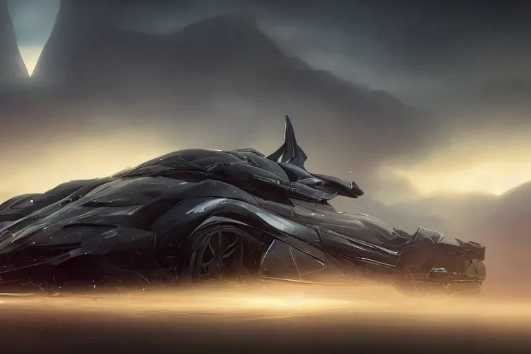 Image similar to the batmobile caught in the flow of time. octane render. 8 k. dark. atmospheric. cinematic. spectacular. sense of awe. mist. strong winds. sunrise. super slowmotion. matte painting painted by sparth and peter mohrbacher