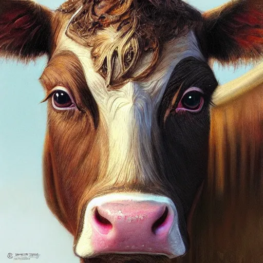 Image similar to cow as a realistic fantasy knight, closeup portrait art by donato giancola and greg rutkowski, realistic face, digital art, trending on artstation, symmetry!!