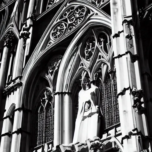 Prompt: black and white movie shot, landcape, architectural shot, no decaying lines, background of an alabaster gothic cathedral, with long ephimeral windows with reflection of flames, as subject a gothic woman with an intricate arabesque detailed black dressed, macro head face