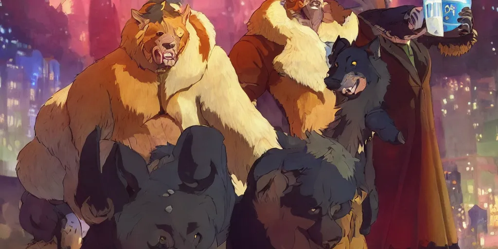 Prompt: a two muscular german shepherds beast - men, holding a mug of beer, a lot of pockets, fur cape, tavern background, magical, bright, colorful, fantastic lighting, amazing details, 4 k uhd, illustration by hayao miyazaki and makoto shinkai and ilya kuvshinov, artstation, pixiv,