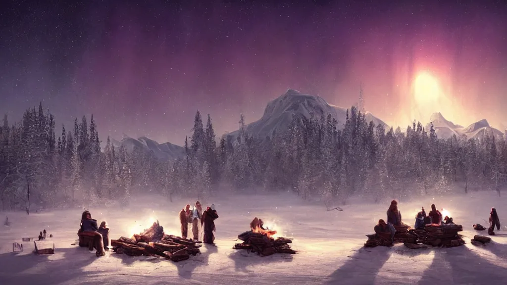 Prompt: beautiful render of a winter landscape, unreal engine, night, majestic snowy mountains, dramatic aurora borealis, stars, sitting around the campfire, group of indigenous people, soft light, by greg rutkowski, cgsociety