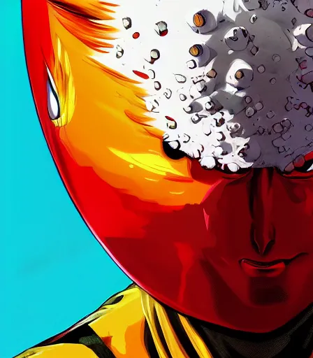 Image similar to Tim Burtons style One Punch Man by Alex Pardee and Nekro and Petros Afshar, and James McDermott,unstirred paint, vivid color, cgsociety 4K