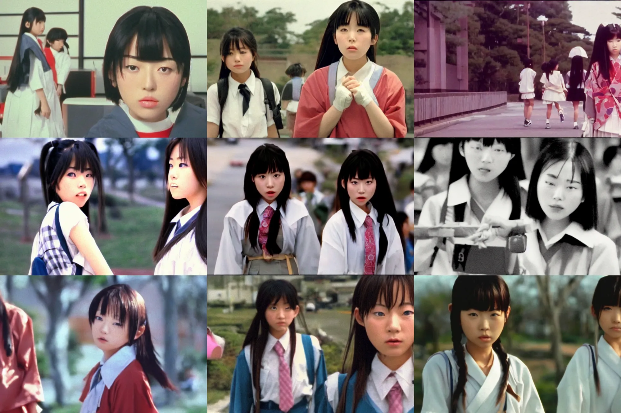 Prompt: epic, cinematic movie shot of 1 9 9 0 s japanese schoolgirl