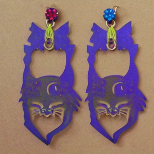 Prompt: 2d cat earrings, laser cut, in the style of mucha, unreal engine, studio lighting