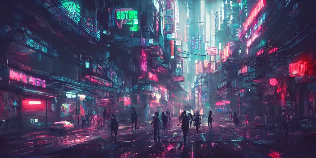 Image similar to digital art, trending on artstation, dystopian cyberpunk night street with neon