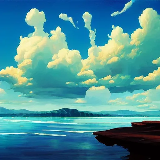 Image similar to a painting of clouds and a body of water, digital art by rhads, featured on pixiv, digital art, seapunk, chillwave, anime aesthetic