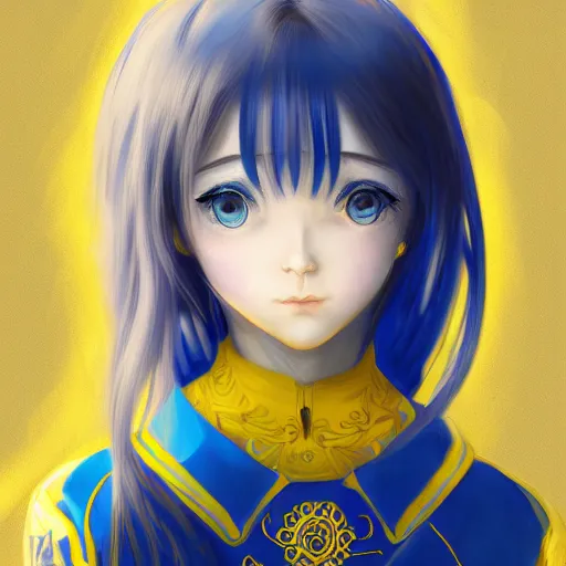 Image similar to a portrait of anime ukrainian blue and yellow girl, concept art, trending on artstation, highly detailed, intricate, sharp focus, digital art, 8 k