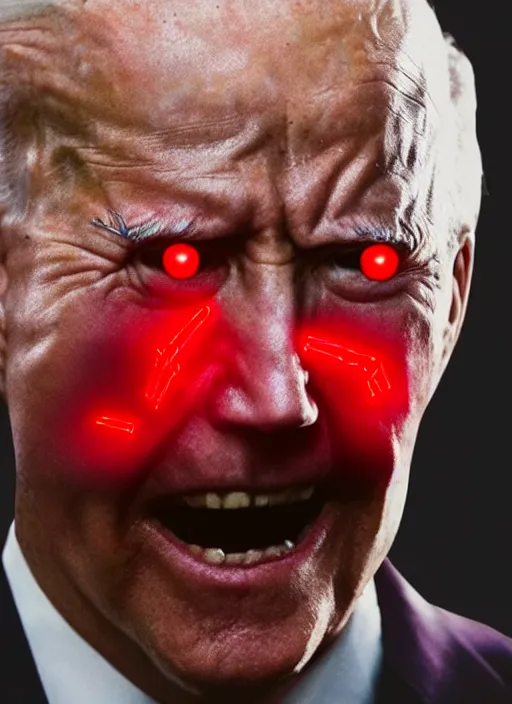 Prompt: hyper realistic ultra realistic cyborg photo Doom furious glowing red eyes biden