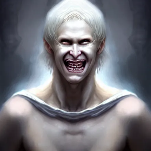 Image similar to Pale-skinned man with a pinched face, crazed eyes, and a strained toothy grin smile. He has short blond unwashed hair. He wears a stained white cultist robe. Epic fantasy art, award winning on Artstation, intricate, elegant, highly detailed, digital painting, concept art, smooth, sharp focus, illustration, art by artgerm and greg rutkowski and alphonse mucha