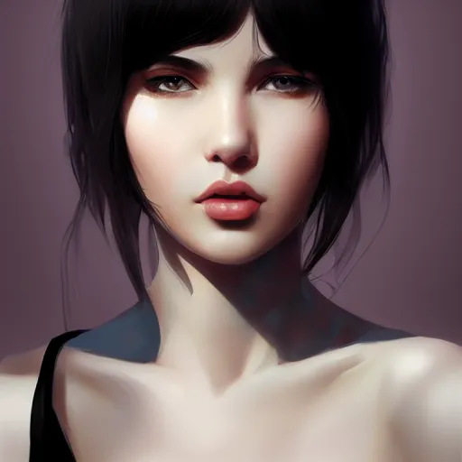 Image similar to portrait of beautiful young woman with black-hair and bangs, highly detailed, digital painting, artstation, concept art, sharp focus, illustration, art by ilya kuvshinov, krenz cushart, Greg Rutkowski