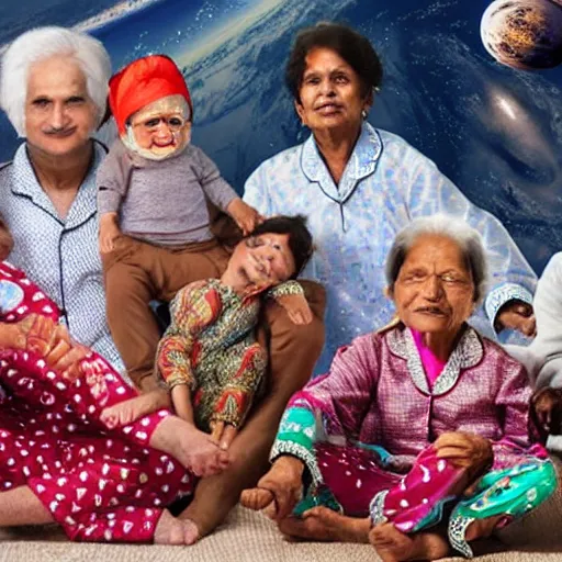 Image similar to indian grandmothers and grandfathers having a pyjama party floating in space wearing spacesuits and helmets