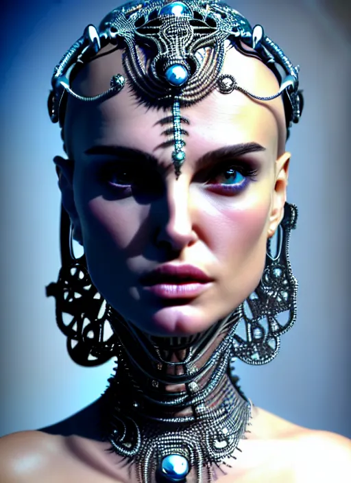 Image similar to bust of an absurdly beautiful, graceful, sophisticated, fashionable futuristic woman, facial piercings, natalie portman, heavy body modification, implants, prosthetics, hyperdetailed by popovy sisters, intricate linework, white porcelain skin, faberge, intricate chrome headdress, dark atmosphere, unreal engine 5 highly rendered, global illumination, radiant light, detailed and intricate environment